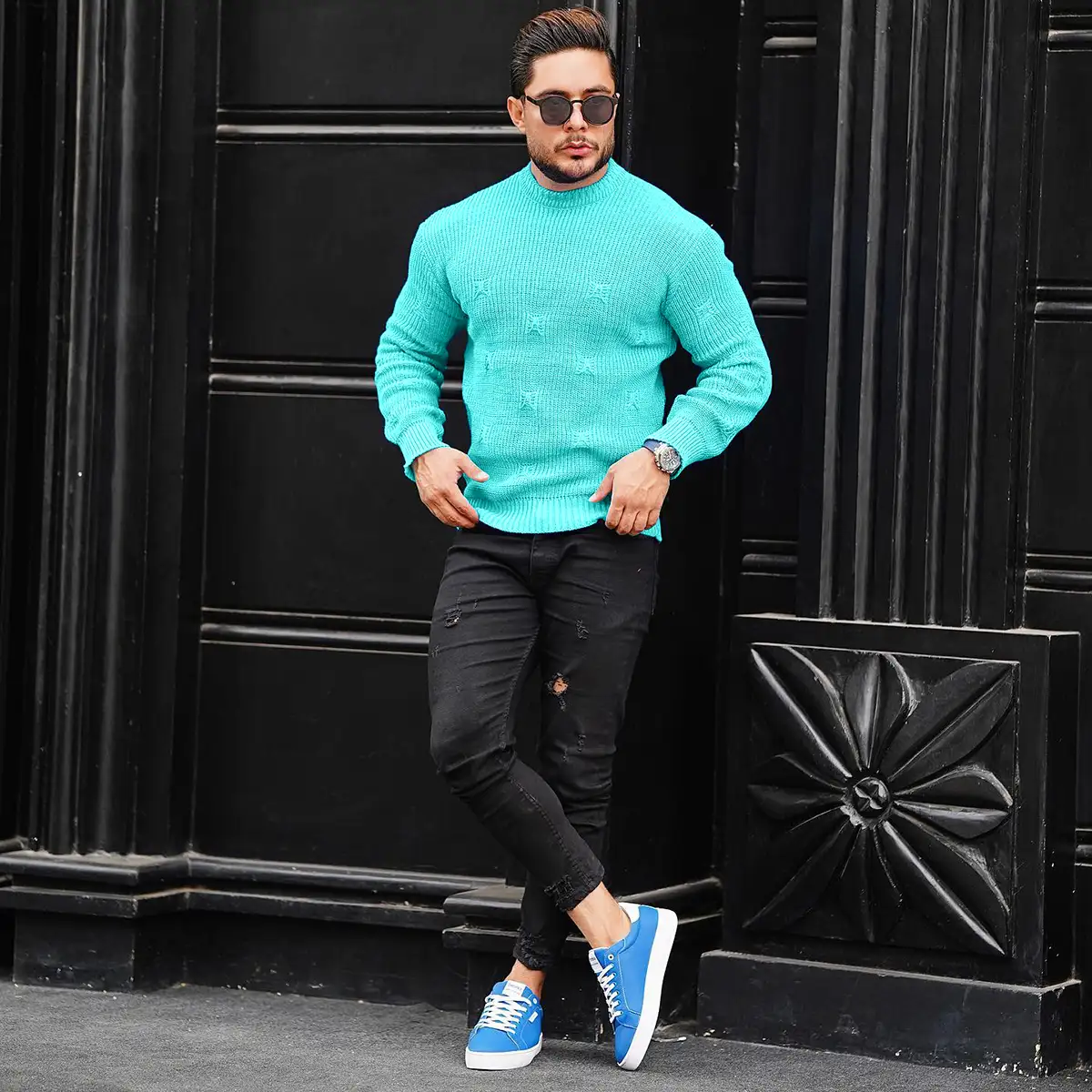 پلیور زاپ دار فیروزه ای مردانه مدلDeta